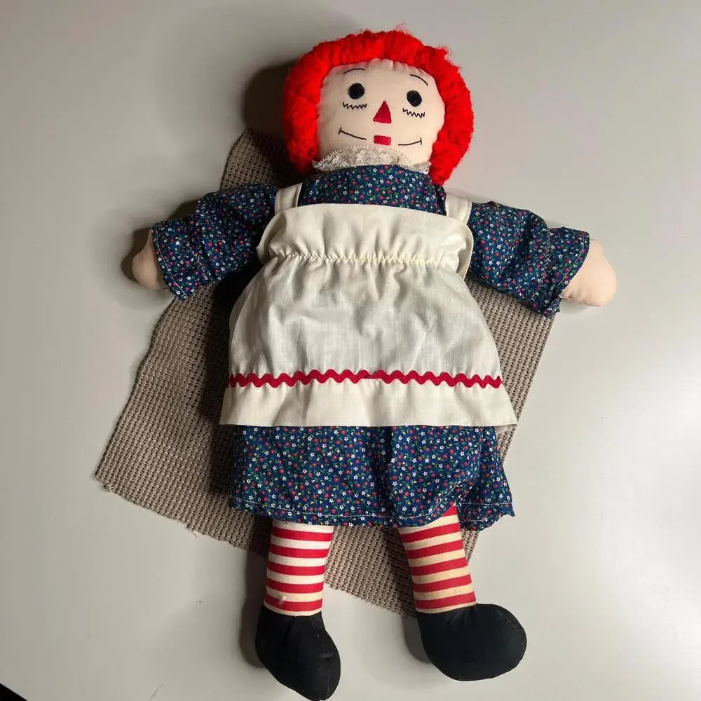 Vintage Raggedy Ann Style Cloth Doll‎ Handmade Red Yarn Hair Folk Toy